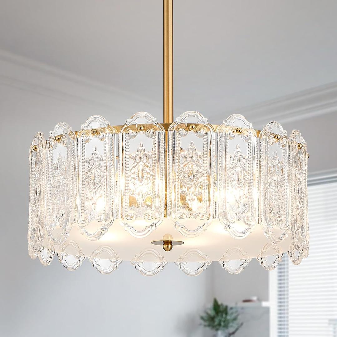 ElegLumi 4-Lights Luxury Glass Chandelier, Mid-Century Modern Style for Dining Room, Living Room, Bedroom, D16.5''  H10.6'', Adjustable Height (10.6"~51.4"), Gold Finish Frame & Figured Glass Shade
