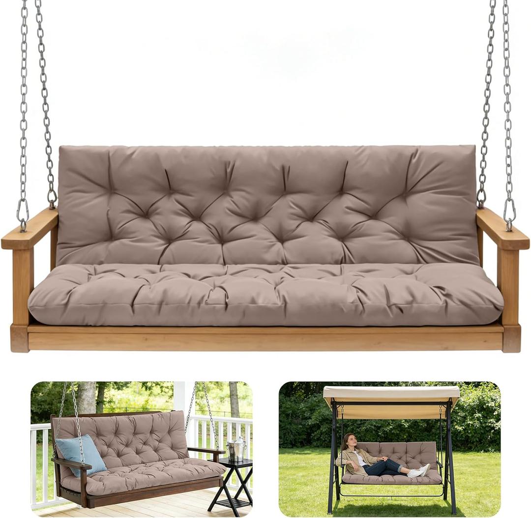 GPQAWER Outdoor Swing Cushions,Waterproof Swing Cushions 3 Seater Replacement with Backrest,Outdoor Thickened Bench Cushion with Ties for Porch,Patio,Backyard,Garden and Lawn (Khaki 60 * 40 in)
