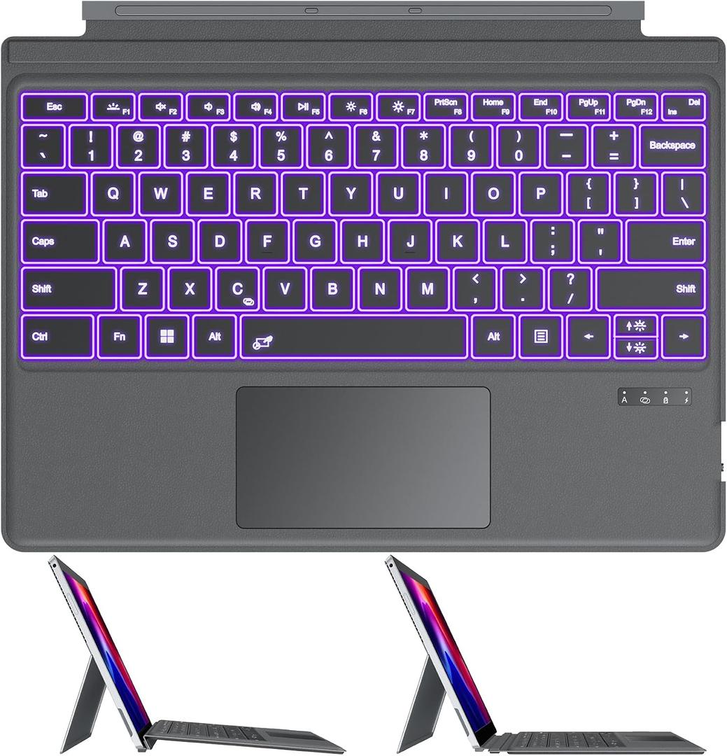 OMOTON Bluetooth Keyboard Compatible with Microsoft Surface Pro 7/7+/6/5/4/3, Ultra-Slim Keyboard Type Cover with Touchpad, 7 Colors Backlit, Rechargeable and Wireless, Grey