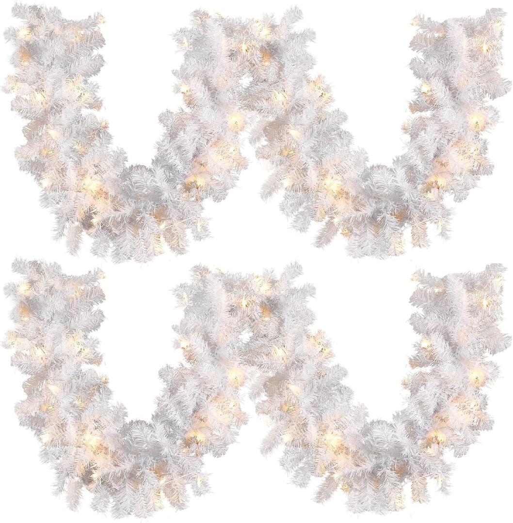 Hotop 9 ft Faux Spruce Artificial Christmas Garland LED Garland Warm Pine Prelit Battery Operated Lighted Garland for Seasonal Indoor Home Fireplace Mantle Tree Stair Decor (2 Pcs,White)