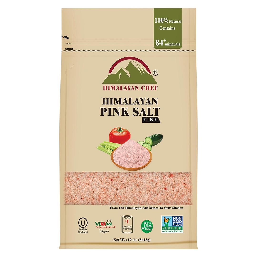 Himalayan Chef Pink Himalayan Salt, Extra Fine Grain, 19 lbs Bag – Pure, Natural, Kosher Certified, Non-GMO, Ideal for Cooking, Seasoning, and Flavor Enhancement, BBD 07/2030