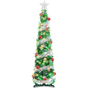 5 Ft Pop Up Christmas Tree Tinsel Dual Color Change Timer 4 Modes DIY 60 Warm White & Colored Lights 15 Christmas Ball Ornament 3D Star Battery Operated Pencil Xmas Slim Tree Home Indoor Holiday Decor