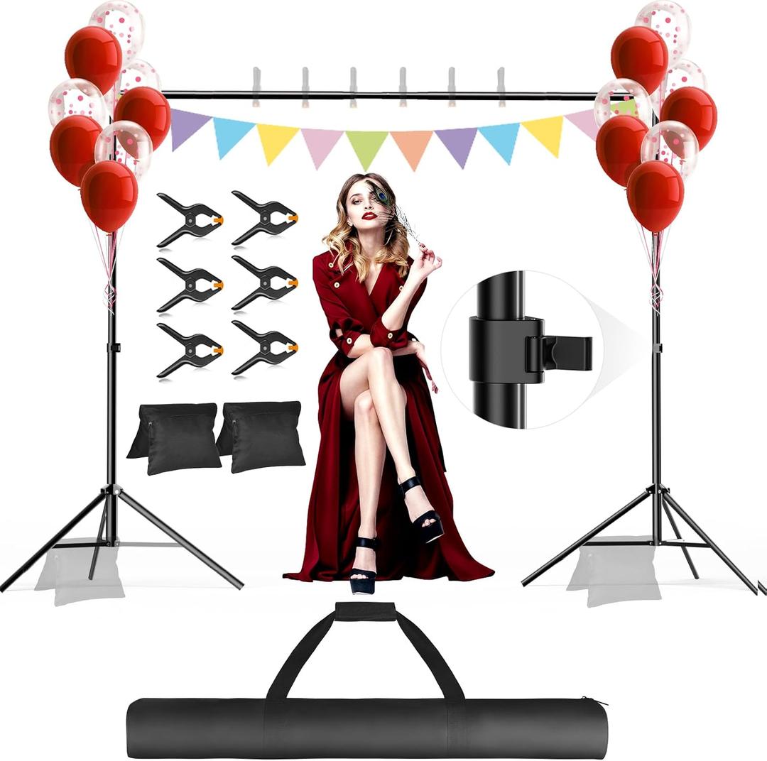 Backdrop Stand, Photo Video Studio 10 x 10FT Adjustable Backdrop Stand, Background Support System Kit with 2 Crossbars, 6 Clamps, 2 Sandbags and Carry Bag for Photography Parties Wedding