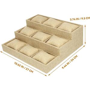Watch and Bracelet Display Tray with 9 Pillow Compartments, Khaki Linen Texture Jewelry Organizer for Travel and Home Storage