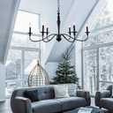 PAPAYA Farmhouse Chandelier 6-Light Black Industrial Classic Candle Ceiling Rustic Pendant Lights Fixture for Dining Living Room Bedroom Kitchen Island Hanging Lighting Black
