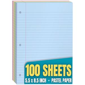 1InTheOffice 5.5 x 8.5 Paper, Pastel, College Ruled Mini Binder Paper, Loose Leaf Paper, Assorted Color, 100 Pack