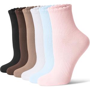 CS CELERSPORT Women's Mini Crew Ankle Socks with Scalloped Top,Pack of 5 | Pre-Washed Cotton Fabric,Seamless Toe,Casual Socks to Match Loafers,Birkenstocks and Boots for Daily Wear (S)
