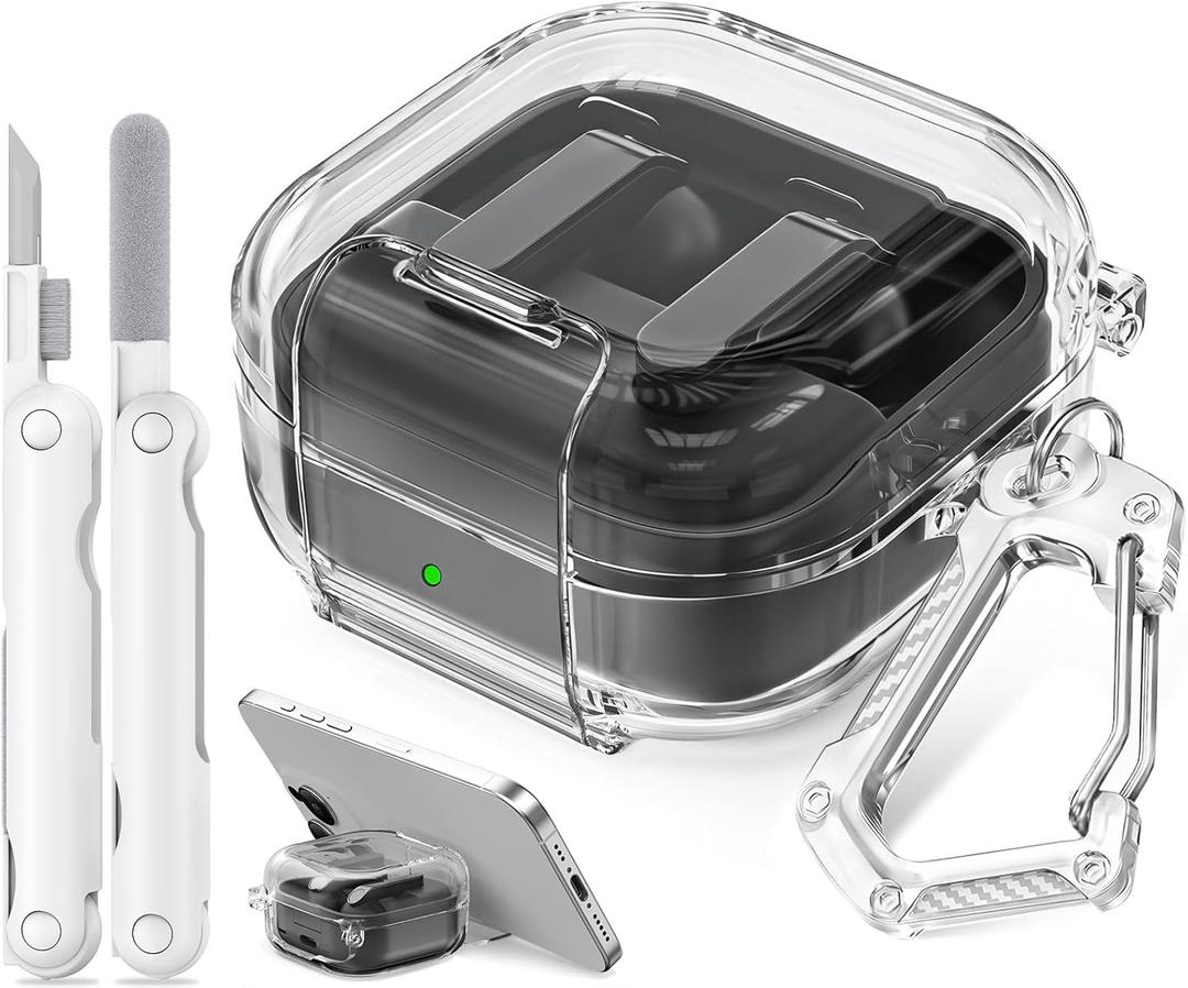 for Samsung Galaxy Buds 4 Pro Case/Galaxy Buds 4 Case Clear with Lock Clip and Phone Stand Function, Comes with a Clear Hook and a Cleaning Pen (Clears)