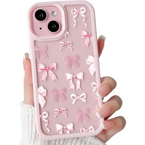 Lovmooful Compatible for iPhone 14 Plus/15 Plus Case Cute Clear Bowknot Ribbon with Color Edge Design with Bumper Protector for Girls Women Soft TPU+PC Shockproof Protective Girly-Pink Bow