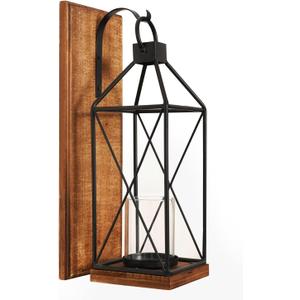 Homemory Wall Candle Sconce, Wood Rustic Candle Holder Decorative Candle Lantern with Glass Holder, Wall Decorations for Living Room, Dining Room (1, Dark Brown)