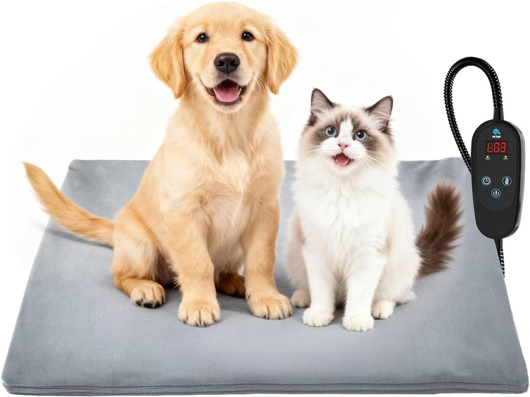 PETNF Pet Heating Pad Temperature Adjustment Anti-bite Puppy with Timer Cat Dog Heating Pad Indoor Waterproof Pet Warming Electric Heated Bed Mat Dog (L: 29.5'' x 17.7'', Grey)