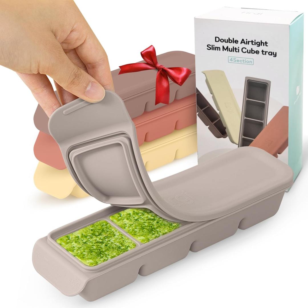 Firgi Silicone Ice Cube Freezer Tray with Lid, 100% Food-Grade Platinum Silicone, Leak Resistance & Dishwasher Safe for Baby Food Prep, Breast Milk, Purees - Korean Made (4 Sets 1.7 oz/4 Sections)