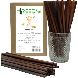 Reed Drinking Straws, Ecological, Biodegradable, 100% Plant-based, Dark Chocolate Color, Great for Smoothies, Milkshakes, Frozen & Signature Cocktail, Hot Tea and Coffee, 200 ct. Tall 8 inch, Medium