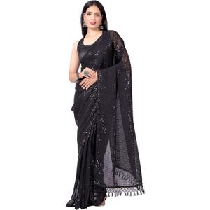 Women's Georgette Sequins Ready To Wear One Minute Saree for women With Unstitched Blouse. (Black)
