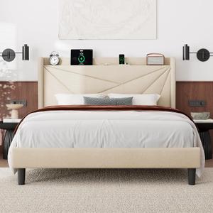 Feonase Queen Size Bed Frame with Charging Station, Linen Upholstered Platform Bed Frame with Wingback Storage Headboard, Solid Wood Slats Support, No Box Spring Needed, Noise Free, Cream