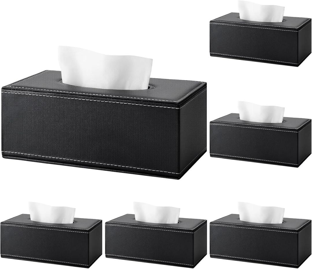 6 Pack Fashion Leather Tissue Box Cover - Tissue Box Cover Rectangle for Bathroom Kitchen Bedroom Office with Magnetic Locking Bottom (Black)