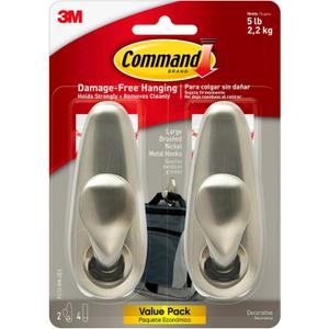 Command 5 lb Large Brushed Nickel Metal Hooks, 2 Hooks and 4 Command Strips, Damage Free Coat Hooks with Adhesive Strips, Forever Classic Hooks for Hanging Home Decor and Room Decor