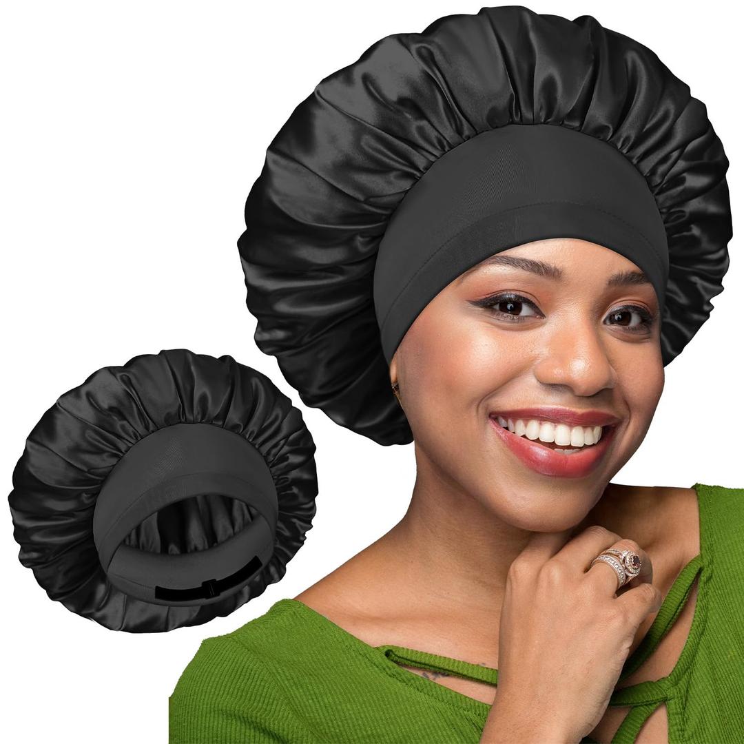 BONNET QUEEN Silk Bonnet for Sleeping Women Double Layer Reversible Satin Bonnet Sleep Cap for Curly Hair,Black (One Size)
