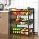 Hastatii Kitchen Storage Basket Shelf, Snack Basket Shelf, 3 Tier Fruit Vegetable Basket Stand, Metal Pantry Storage with 6 Stackable Wire Baskets, Black