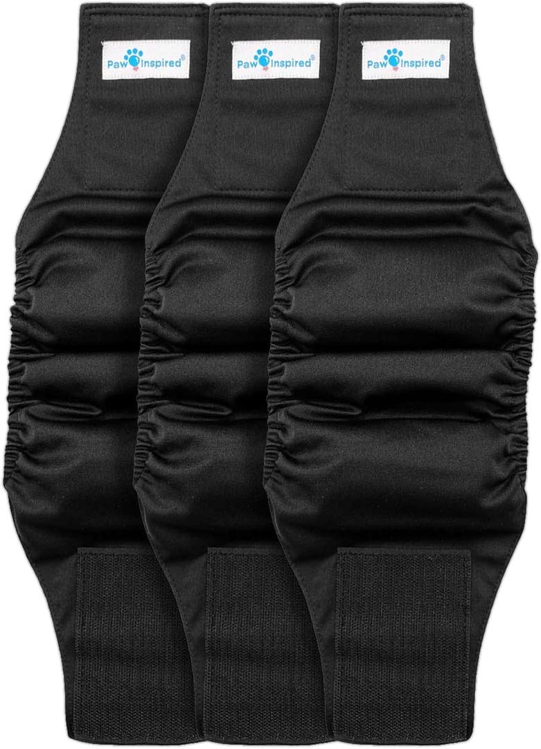 Paw Inspired 3-Count Reusable Male Dog Wraps, Washable Diapers for Male Dogs, Belly Bands for Incontinence, Surgery, Male Marking (XS Size, Black Color with Black Lining, Pack of 3)