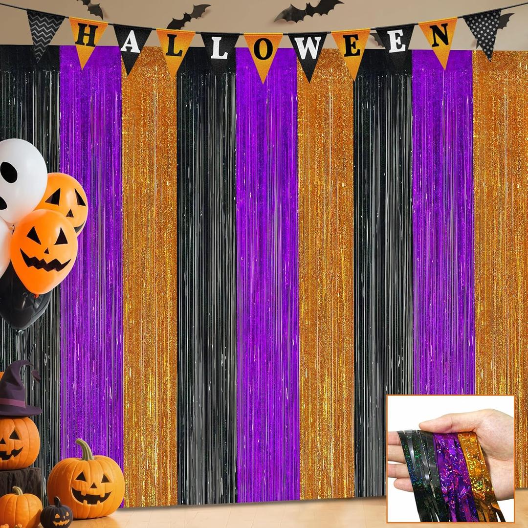 Halloween Party Decorations, 3 Pack Glittery Halloween Foil Fringe Curtains 3.3 X 6.6 ft, Orange Purple Black Tinsel Party Backdrop Photo Booth Props Streamers Birthday Party Supplies