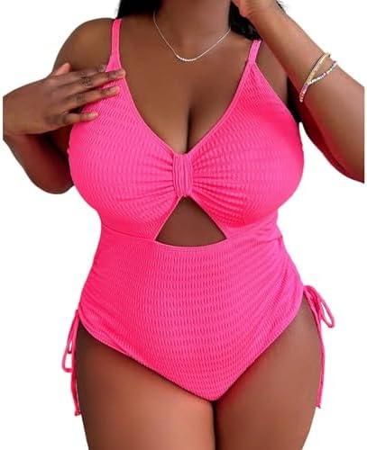 Sexybody Women' s Plus Size Bikini High Waisted One Piece Swimsuits Ribbed Tummy Control Cutout Bathing Suits Ruched V Neck 4XL