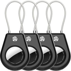 Secure Holder for AirTag with Wire Cable, 4 Pack for Air Tag Keychain Holders for Key Ring, Keys, Luggage, Backpack, Sturdy Protection for Airtag Key Chain Lock Case Black
