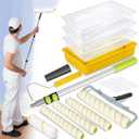 18 Inch Paint Roller Kit, 14 Pack Paint Roller Set with 2-4 Ft Extension Pole, Paint Tray Liners with Plastic Sheeting for Painting Walls Ceilings House Corner Stain (White and Yellow)