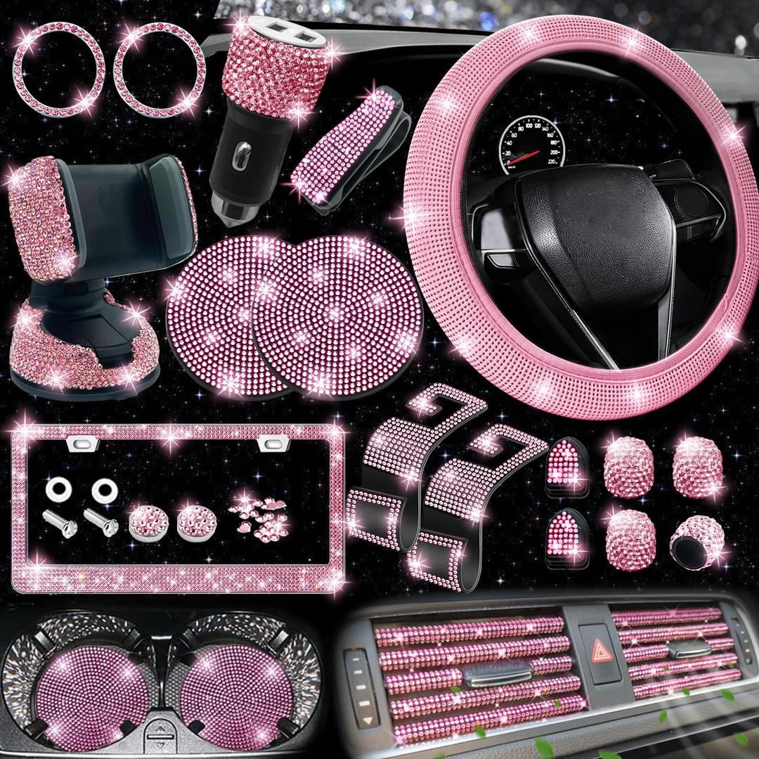 NBTEPEM 27-Piece Bling Car Accessories Set - Universal Fit Steering Wheel Covers, License Plate Frames, Phone Holder, Car Fast Charger, Coasters (Pink)