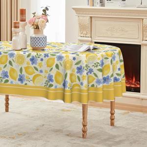 Horaldaily Summer Tablecloth 60×84 Inch Oval, Lemons Jasmine Leaves Blue Yellow Washable Seasonal Table Cover for Party Picnic Dinner Decor