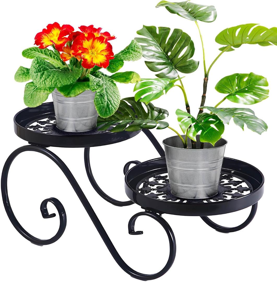 Santentre 2 Tier Black Plant Stand, Metal Flower Stand Indoor Outdoor