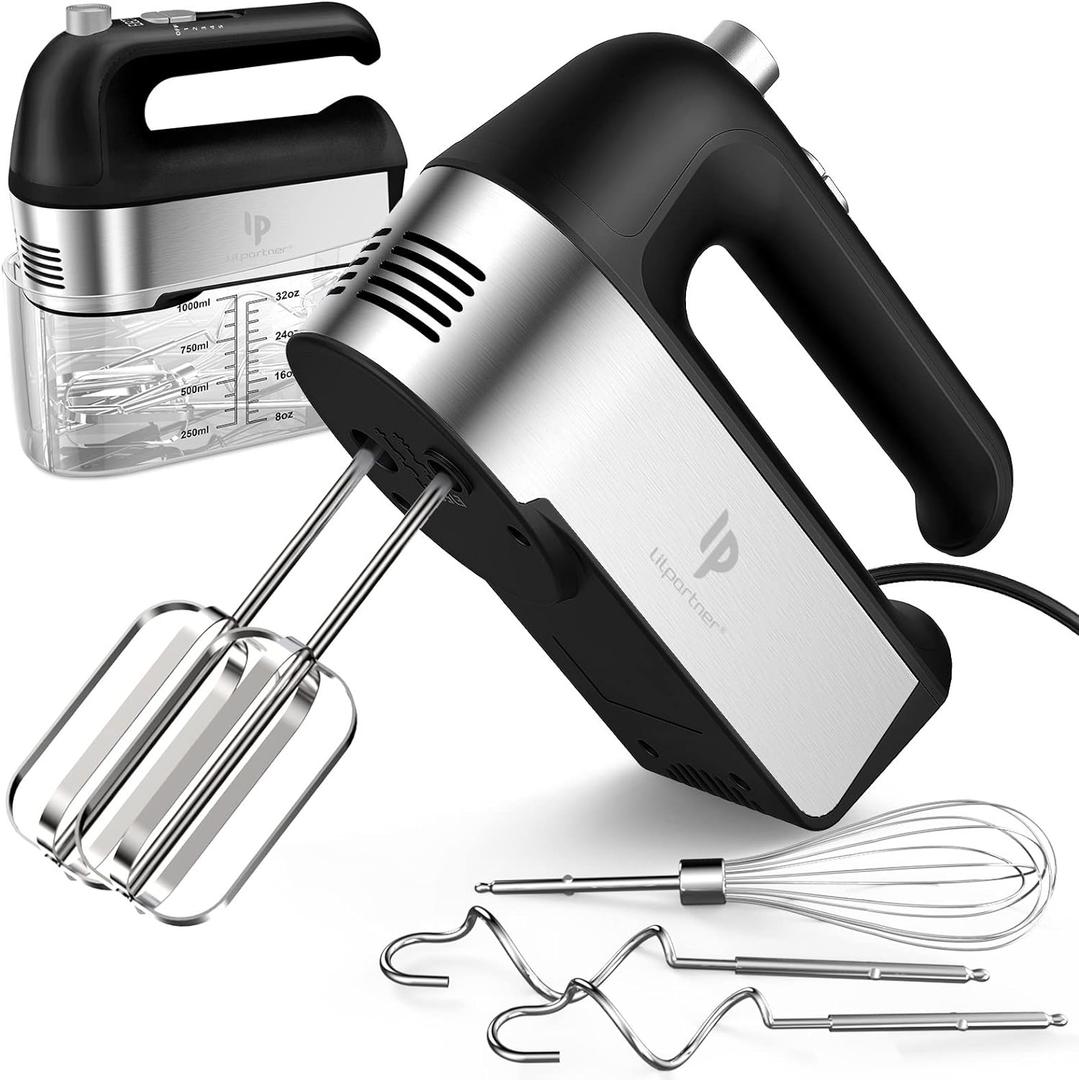 Hand Mixer Electric, 450W Kitchen Mixers with Scale Cup Storage Case, Turbo Boost/Self-Control Speed + 5 Speed + Eject Button + 5 Stainless Steel Accessories, For Easy Whipping Dough,Cream,Cake (Black)