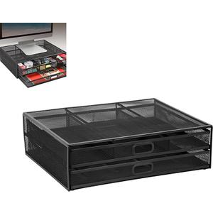 Mesh Desk Organizer with Dual Storage Drawers - Sturdy Metal Monitor Stand Riser for PC Laptop Printer, Ergonomic Design Office Supplies, Black Desktop Organizer