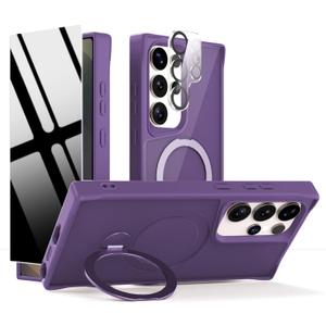 Privacy Case for Samsung Galaxy S25 Ultra,360 Rotated Magnetic Ring Stand Phone Case with Screen Protector & Camera Cover,[Compatible with Magsafe] Military Protection Samsung S25Ultra Cover,Purple