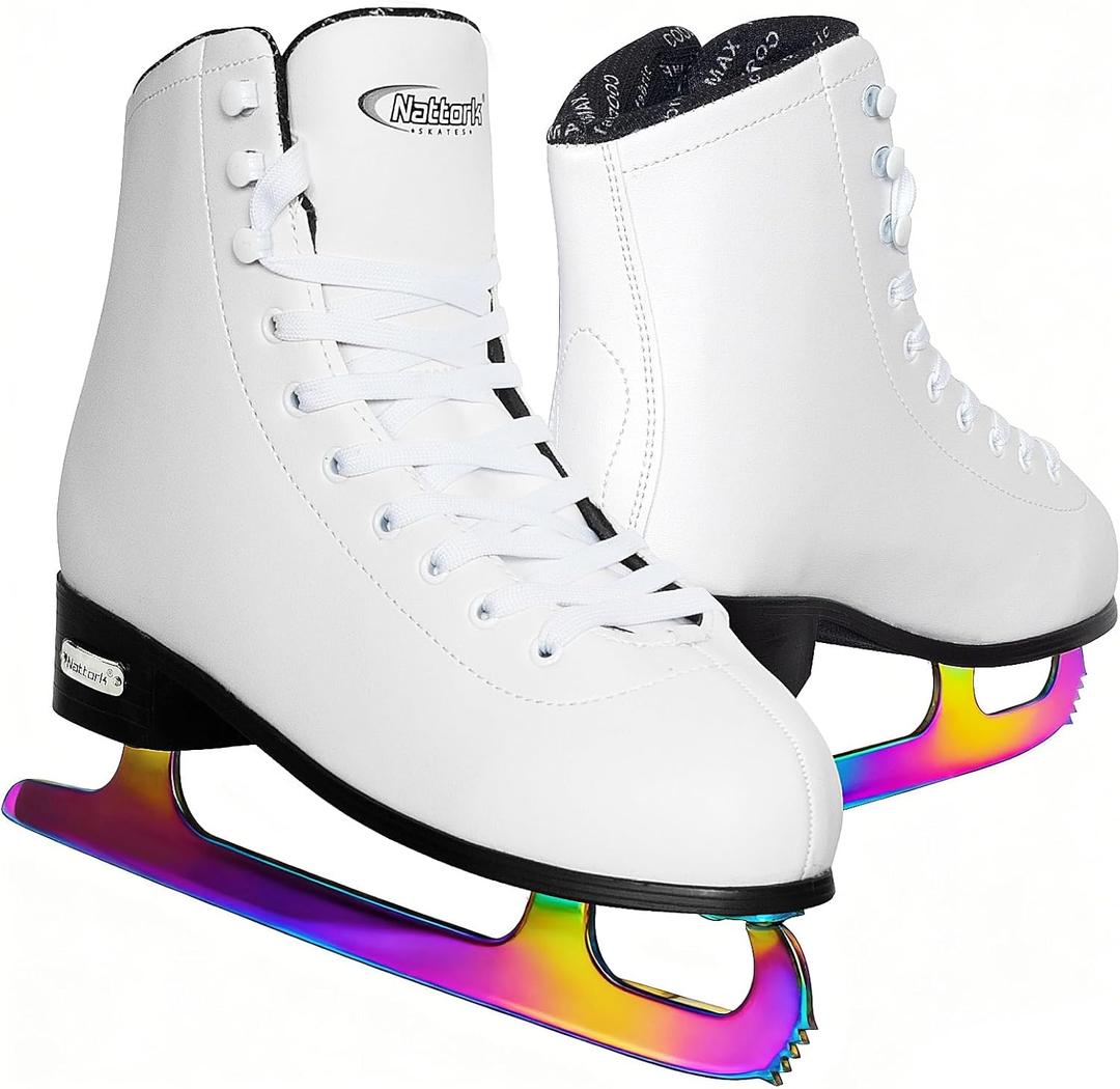 Nattork Figure Skates for Boys and Girls Excellence Stainless Steel Blades Ice Figure Skating with Enhanced Support Strength Performance and Ultimate Comfort (Women's 7 / Men's 6, White(Color Plated Blades))
