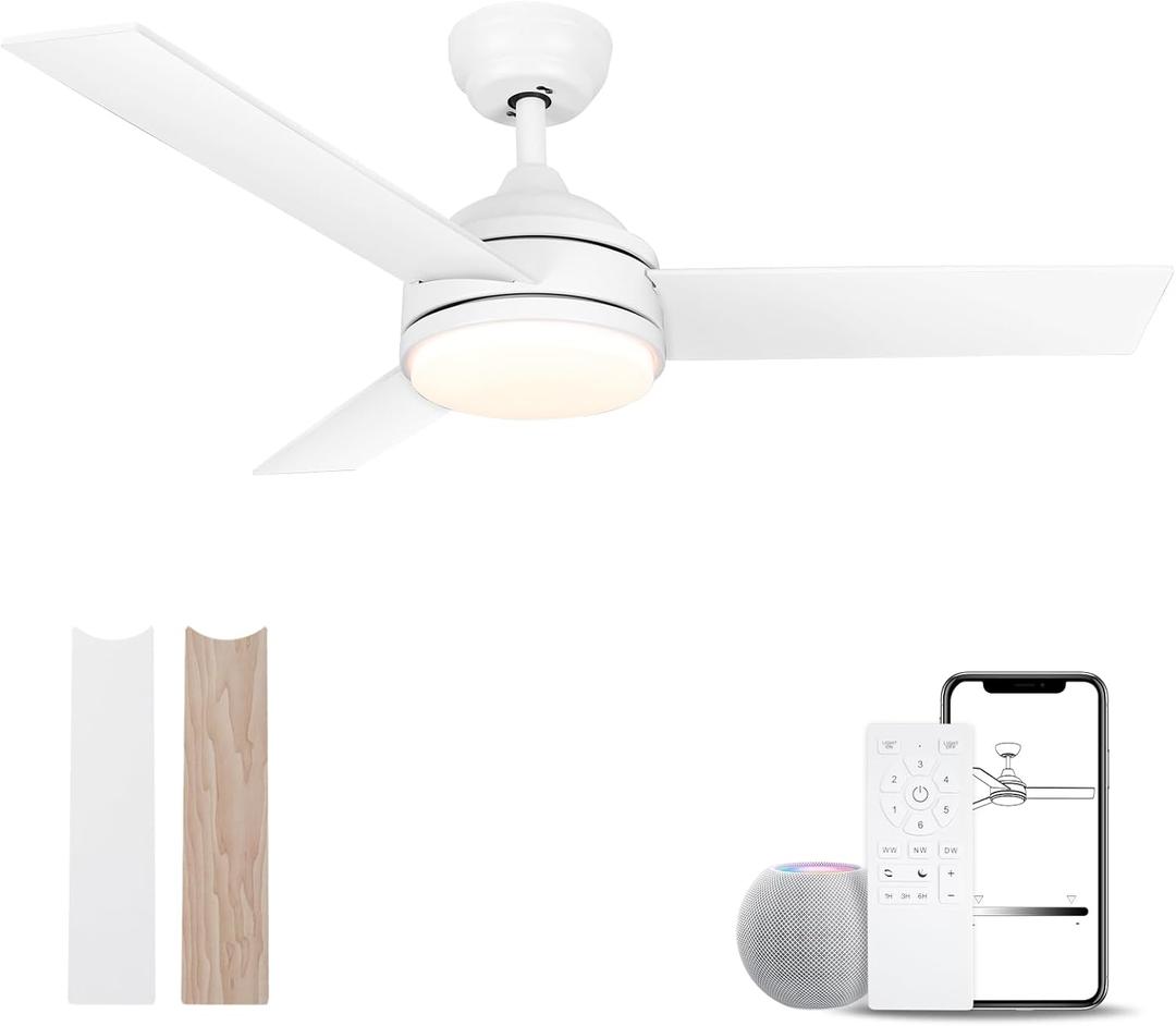 Ceiling Fans with Lights and Remote, 42 Inch Low Profile Ceiling Fan,Noiseless Reversible Dimmable Indoor/Outdoor White Ceiling Fan for Bedroom, Living Room, Dining Room