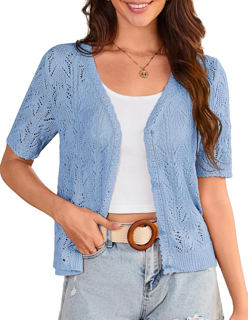 GRACE KARIN 2025 Women's Short Sleeve V Neck Cardigans Sweaters Open Front Knit Crochet Button Bolero Shrugs Tops (XX-Large, Light Blue)