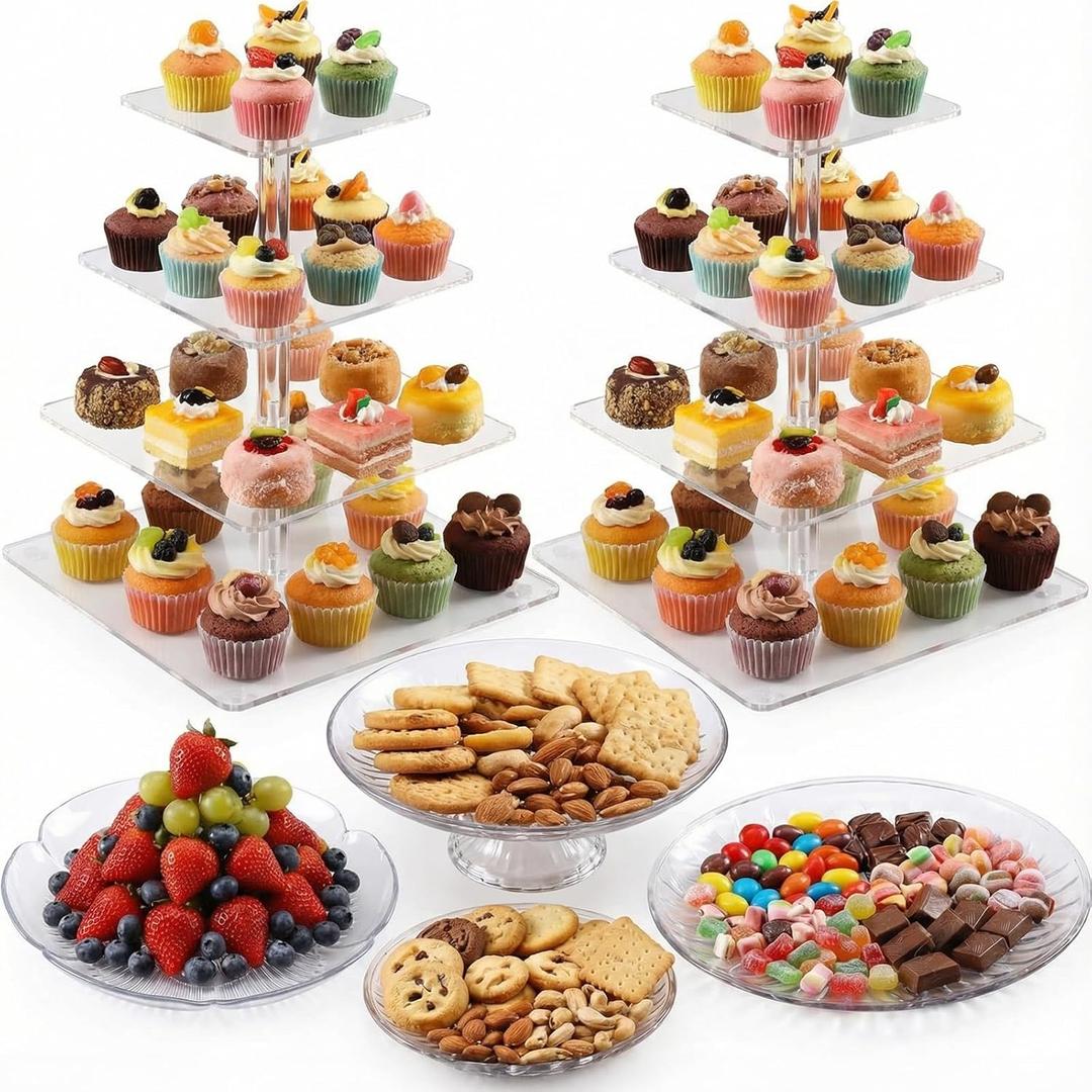 6 Pcs Acrylic Dessert Stands Set Include Display Risers Cupcake Tower and Clear Round Dessert Trays Cake Table Holder for Wedding Baby Shower Decoration(Cute Style)