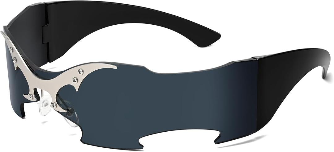 Dollger Futuristic Sunglasses Y2K Space Cyclops Wrap Around Glasses Rimless Translucent Mirrored Lens