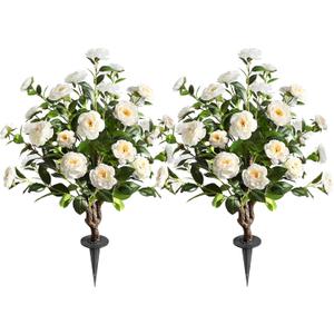 Artificial Flower Trees Indoor,  2 Pieces  Faux Floral Plants 36 Inch Faux Blooming Camellia Spike Design White Blossom Outdoor Decoration