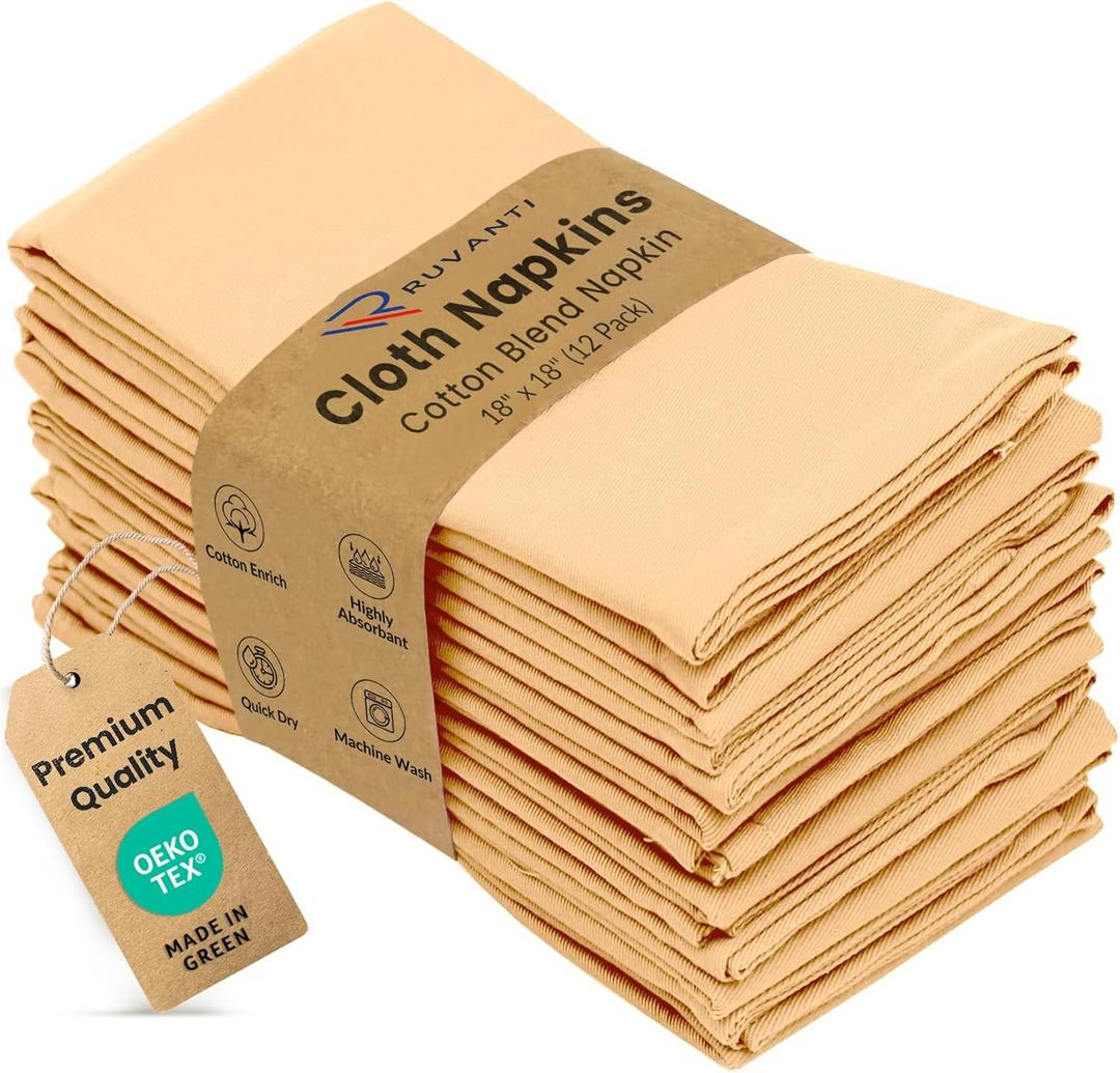 Ruvanti Cloth Napkins Set of 12, 18x18 Inches Napkins Cloth Washable, Soft, Durable, Absorbent, Cotton Blend. Table Dinner Napkins Cloth for Hotel, Lunch, Restaurant, Wedding, Parties - Yellow Gold