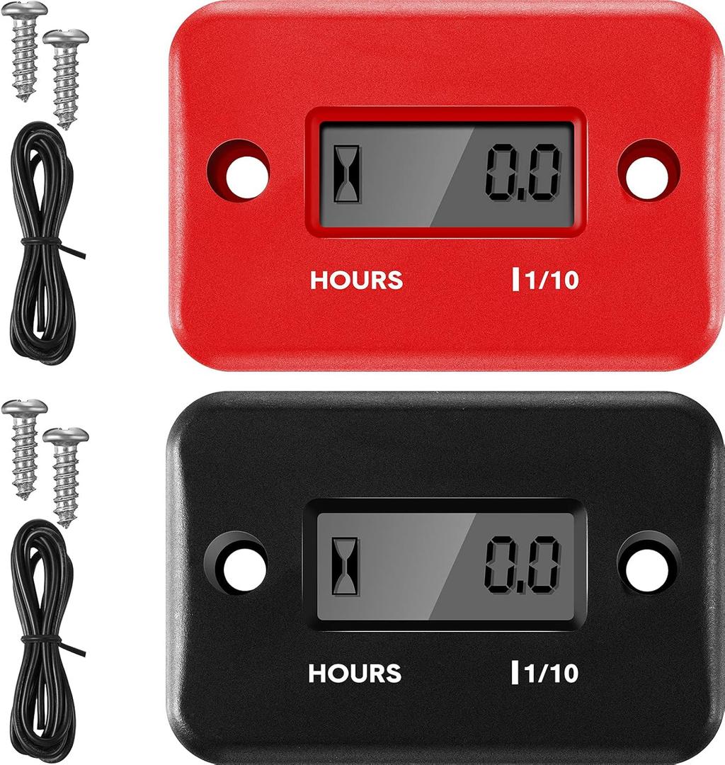 2 Pieces Inductive Hour Meter for Gas Engine Lawn Mower Dirt Bike Motorcycle Motocross Snowmobile Karting Marine ATV Boat Outboard Motor Generator Waterproof Hour Meters (Black, Red)