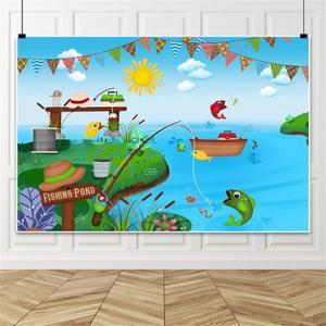 Renaiss 8x6ft Fishing Pond Backdrop for Photoshoot Boys Girls Kids Portrait Bunting Boat Fishes Green Bank Blue Sky Photography Background Baby Shower Newborn Birthday Party Decors Photo Studio Props (FSW07879)