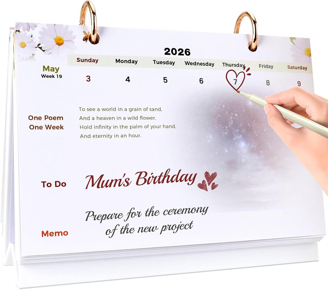 Desk Calendar, Weekly Page, Planner Notepad with Daily Schedule, 54 Sheets for 2026, Memo, One Poem One Day, Tabletop Use, Classy For Christmas or New Year