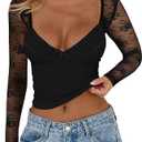 CSDAJIO Women's Sexy Going Out Tops for Women Sweetheart V Neck Long Sleeve Lace Top Low Cut Shirt M