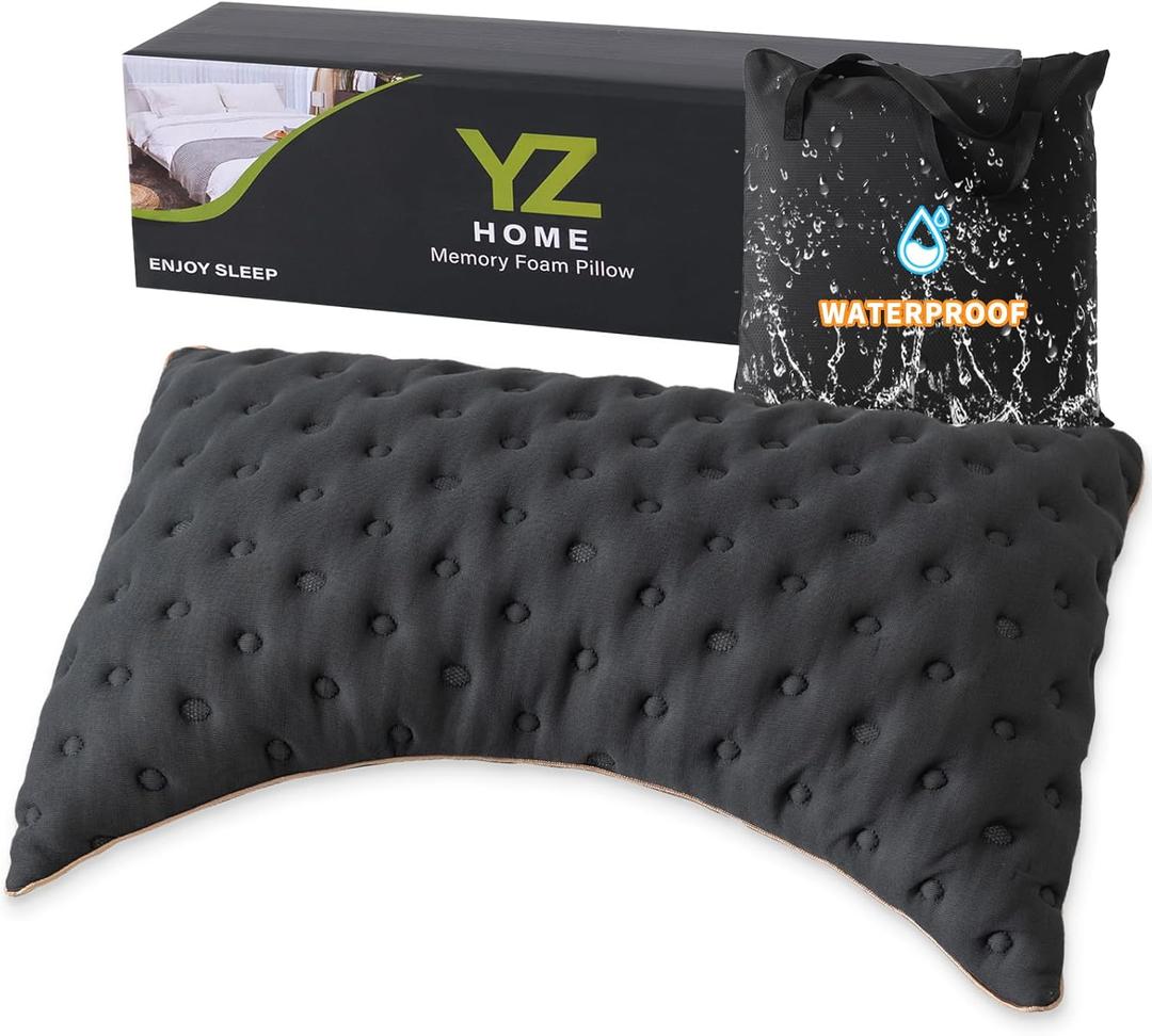 Side Sleeper Pillow Compressible Memory Foam for Quick Trips Camping Pillow for Neck and Shoulder Pain, Machine Washable Breathable for Hiking Home Airplane and Car (Black, King)