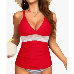 Women Tankini Top Only - Color Block Swim Swimsuit Top with Contrast Trim Tummy Control Bathing Suit Tops Only No Bottom, M