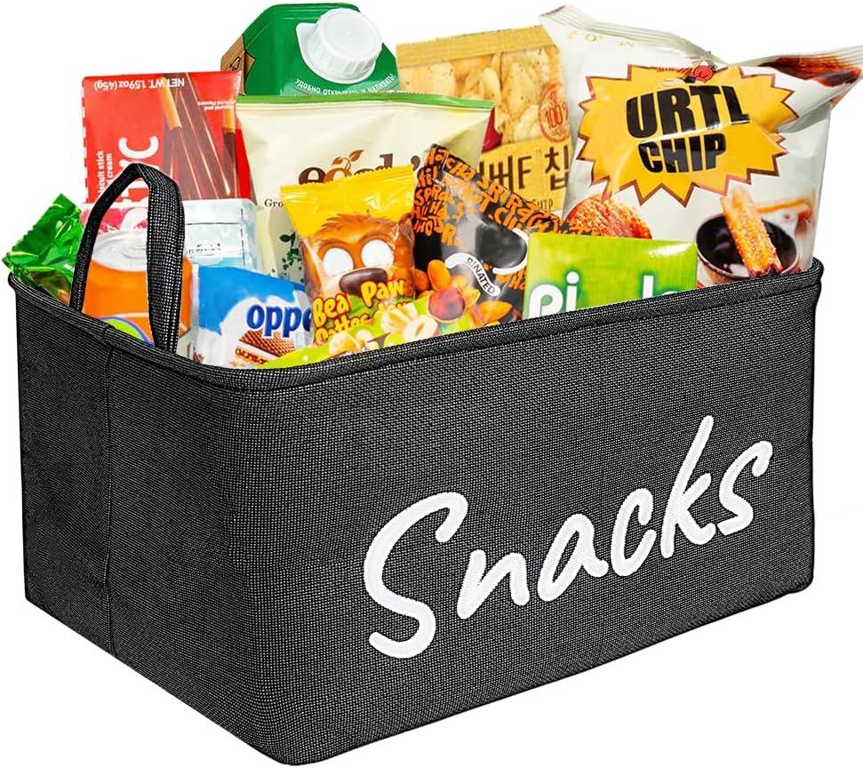 Snack Organizer Basket for Home Office: Snack Storage Bin for Pantry Shelf Countertop (Black)