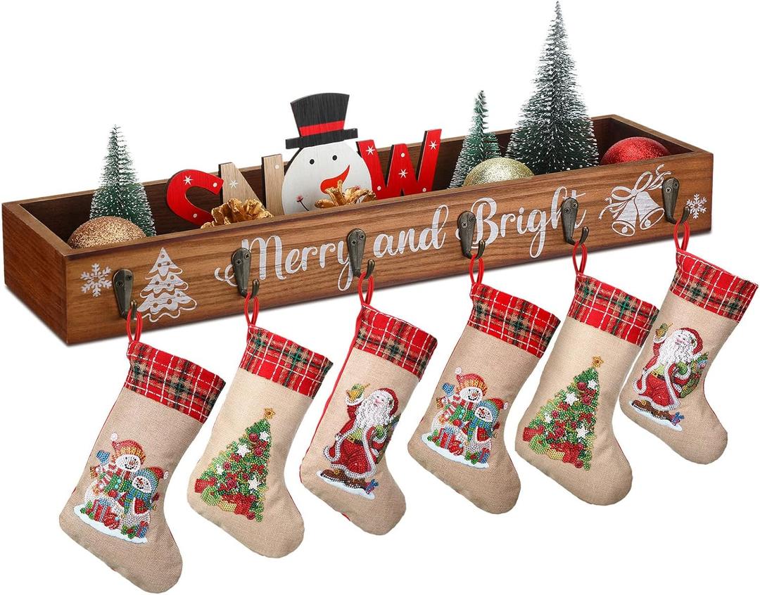 1 Pcs Christmas Stocking Holder Multi Uses Decorative Wooden Box with 6 Hooks Mantle Stockings Hanger Gift Box Stocking Holder Wooden Table Centerpiece for Xmas Holiday Festival (Jingle Bell)