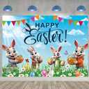 Happy Easter Banner Backdrop 8x6FT Blue Sky Green Lawn Colorful Easter Eggs Bunny Photography Background Spring Party Decorations Photo Props